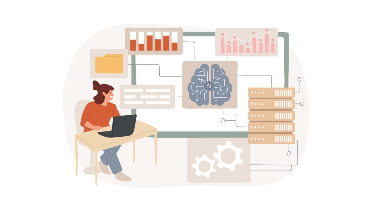 Illustration of two people adjusting interlocking gears within a circular arrow loop, surrounded by charts and checklists.