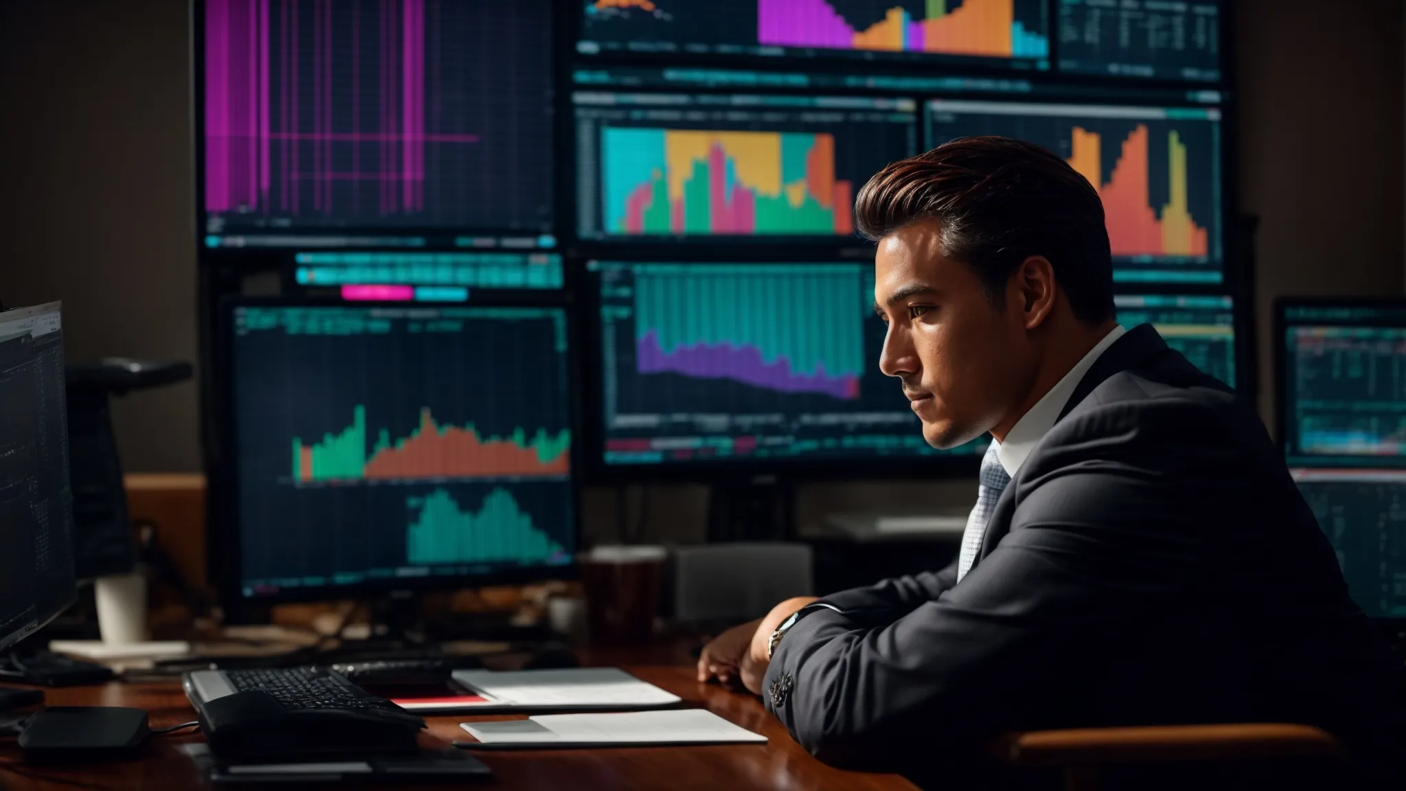 a business professional sits at a desk, focused on a computer screen displaying colorful charts and spreadsheets.