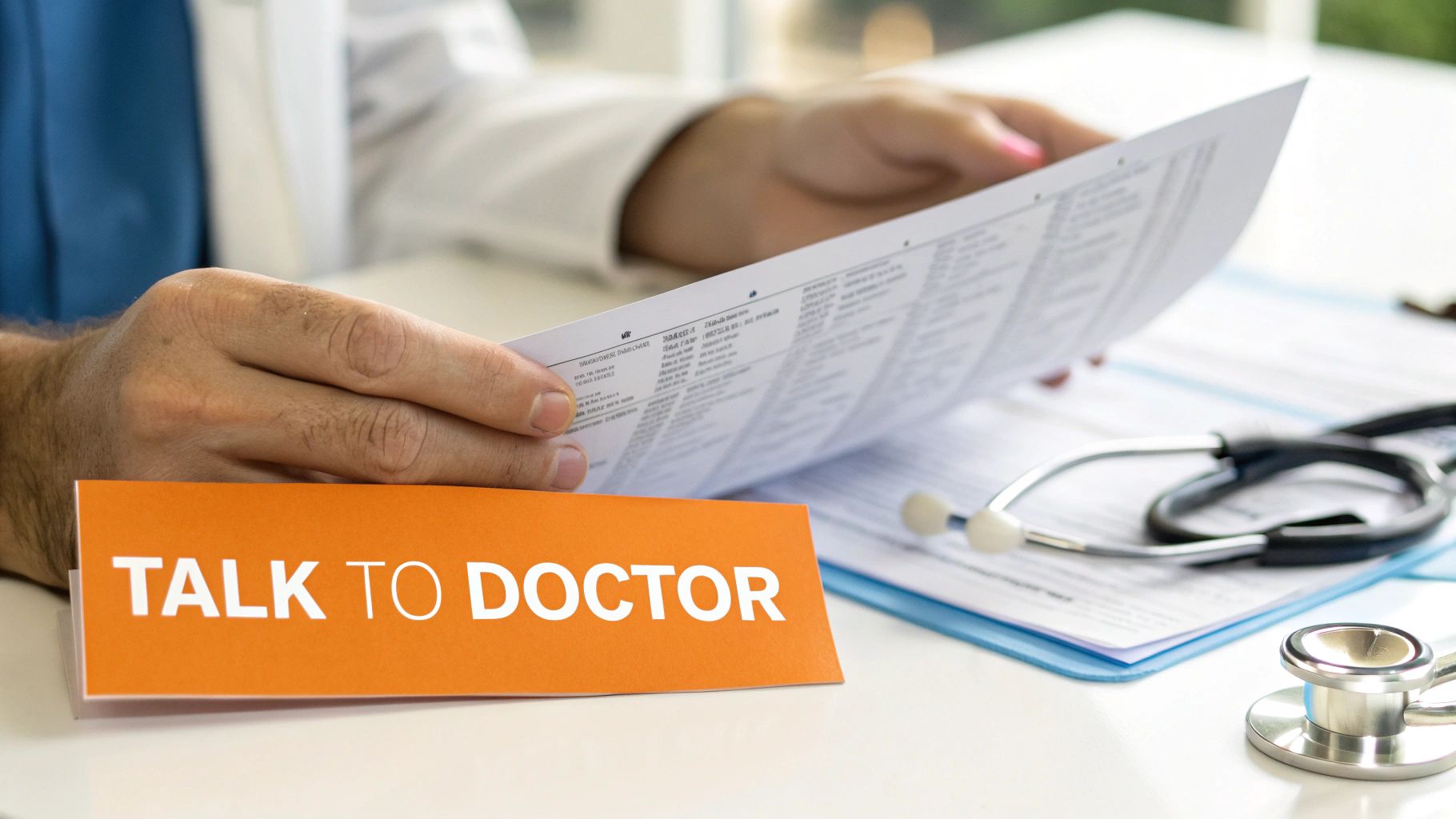 A doctor reviews paperwork on a desk with a stethoscope and a 'TALK TO DOCTOR' sign.