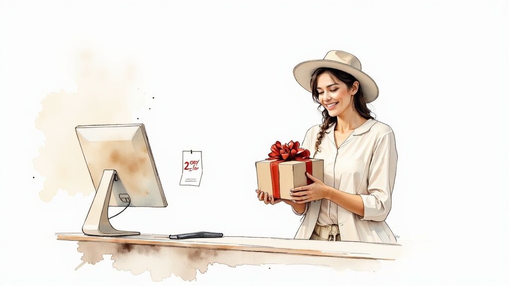 Smiling woman in a hat holding a gift box with a red ribbon, near a computer.
