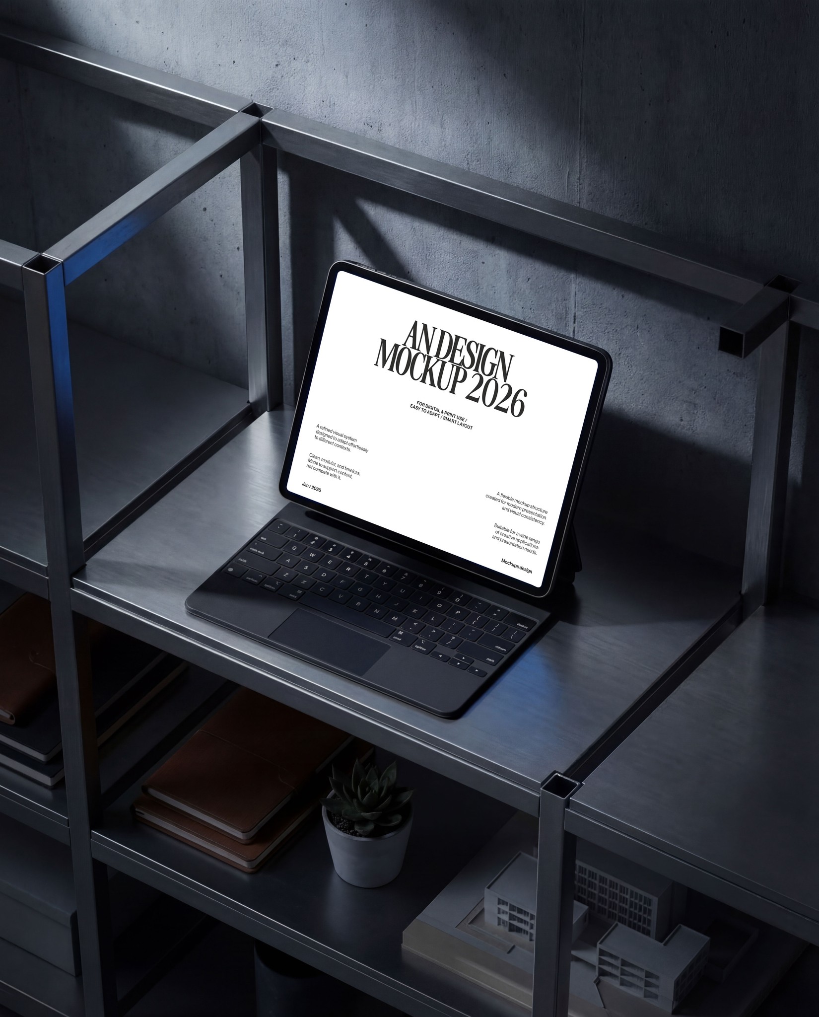 iPad mockup on dark industrial background, realistic setup