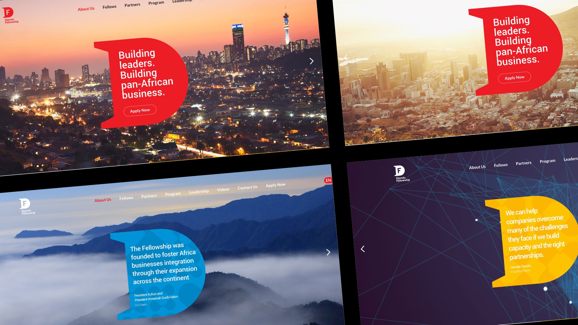 Four Djondo Fellowship website slides, including “Building leaders. Building pan-African business.”