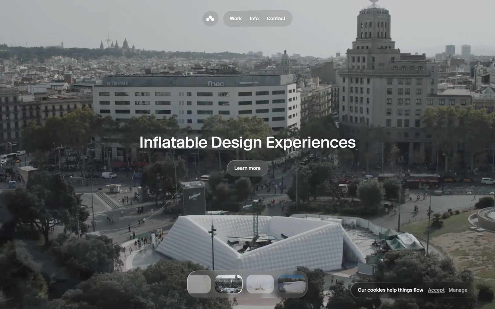 Cityscape with geometric inflatable structure in a plaza; text reads "Inflatable Design Experiences" above.