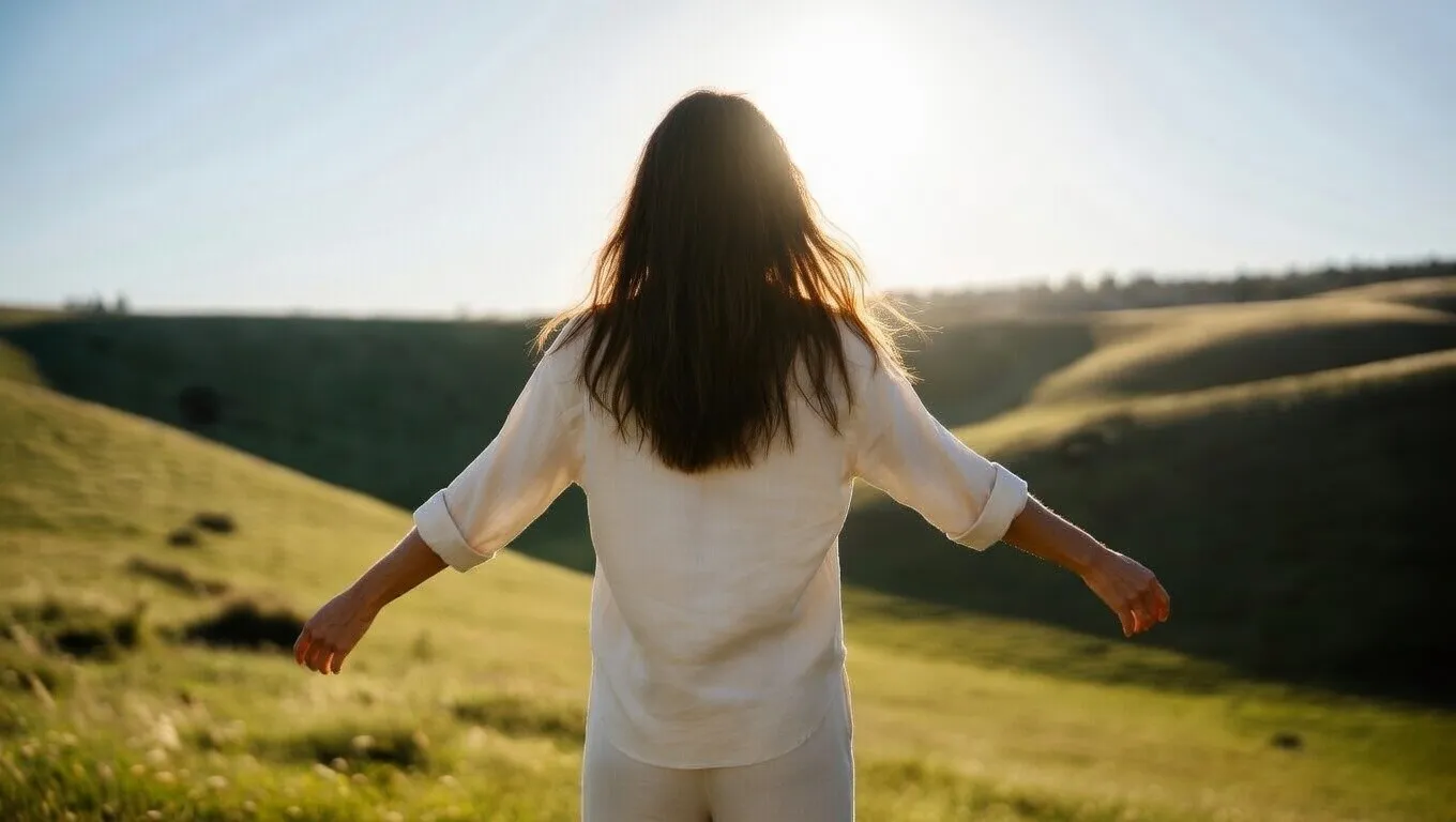 A person in a white outfit reaching out to touch their hair.