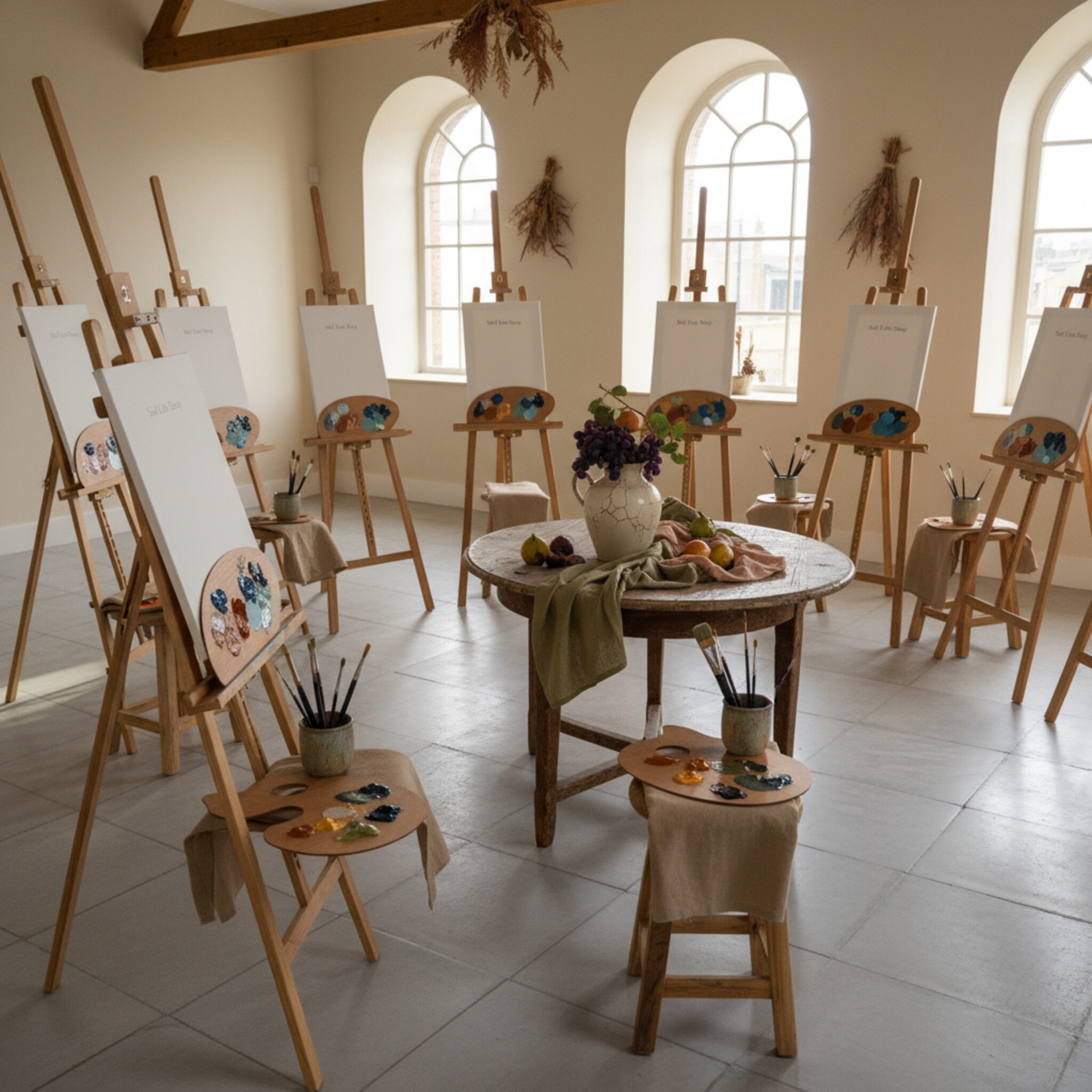Für einen Themenabend sind Plätze sorgfältig vorbereitet: Nummerierte Staffeleien, farblich abgestimmte Paletten und ordentlich gefaltete Schürzen. Ein kleiner Tisch zeigt thematische Requisiten, die das Motto aufgreifen. Die klare Anordnung vermittelt Struktur und Vorfreude auf den Start.