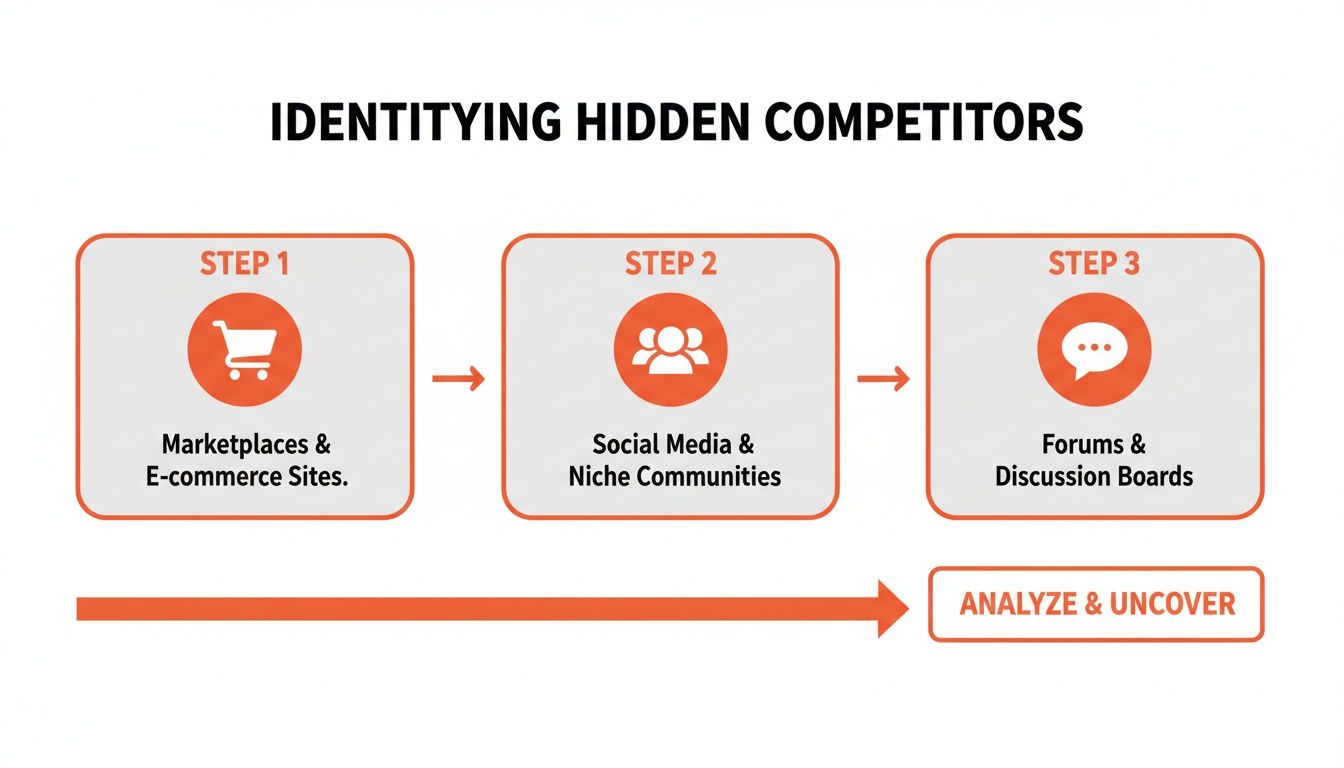 An infographic detailing a 3-step process for identifying hidden competitors using marketplaces, social media, and forums.