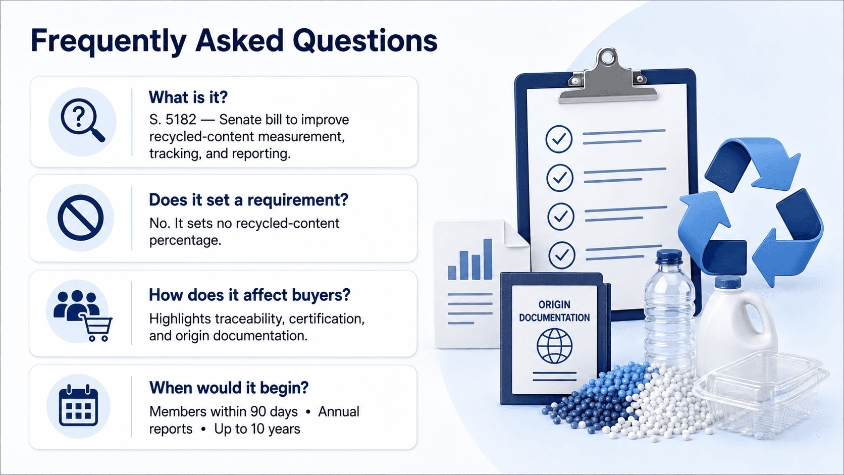 Frequently asked questions about the Tracking Plastic Act of 2026, including recycled-content measurement, buyer documentation, and implementation timeline.