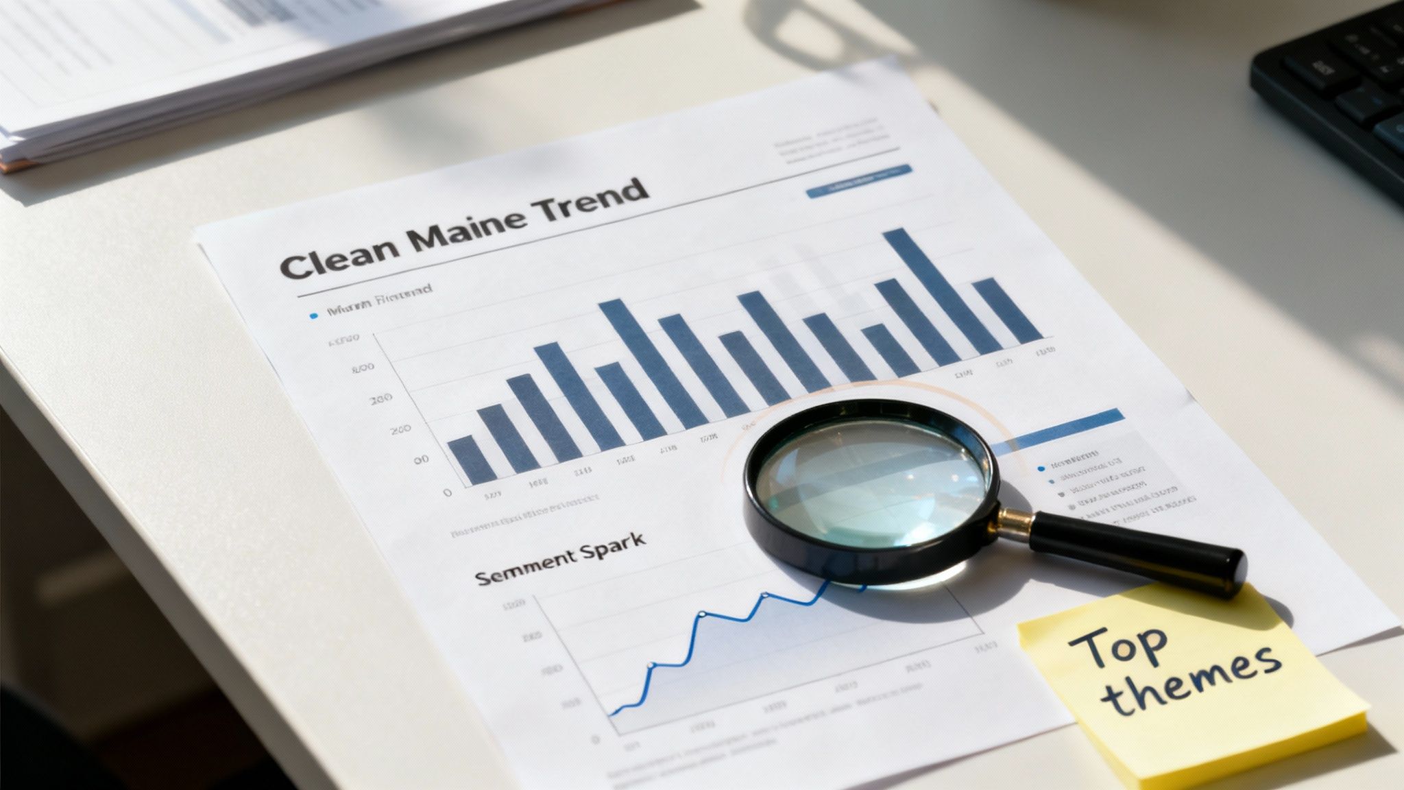 A magnifying glass rests on a document displaying charts, graphs, and a 'Clean Maine Trend' title, with a 'Top themes' sticky note.