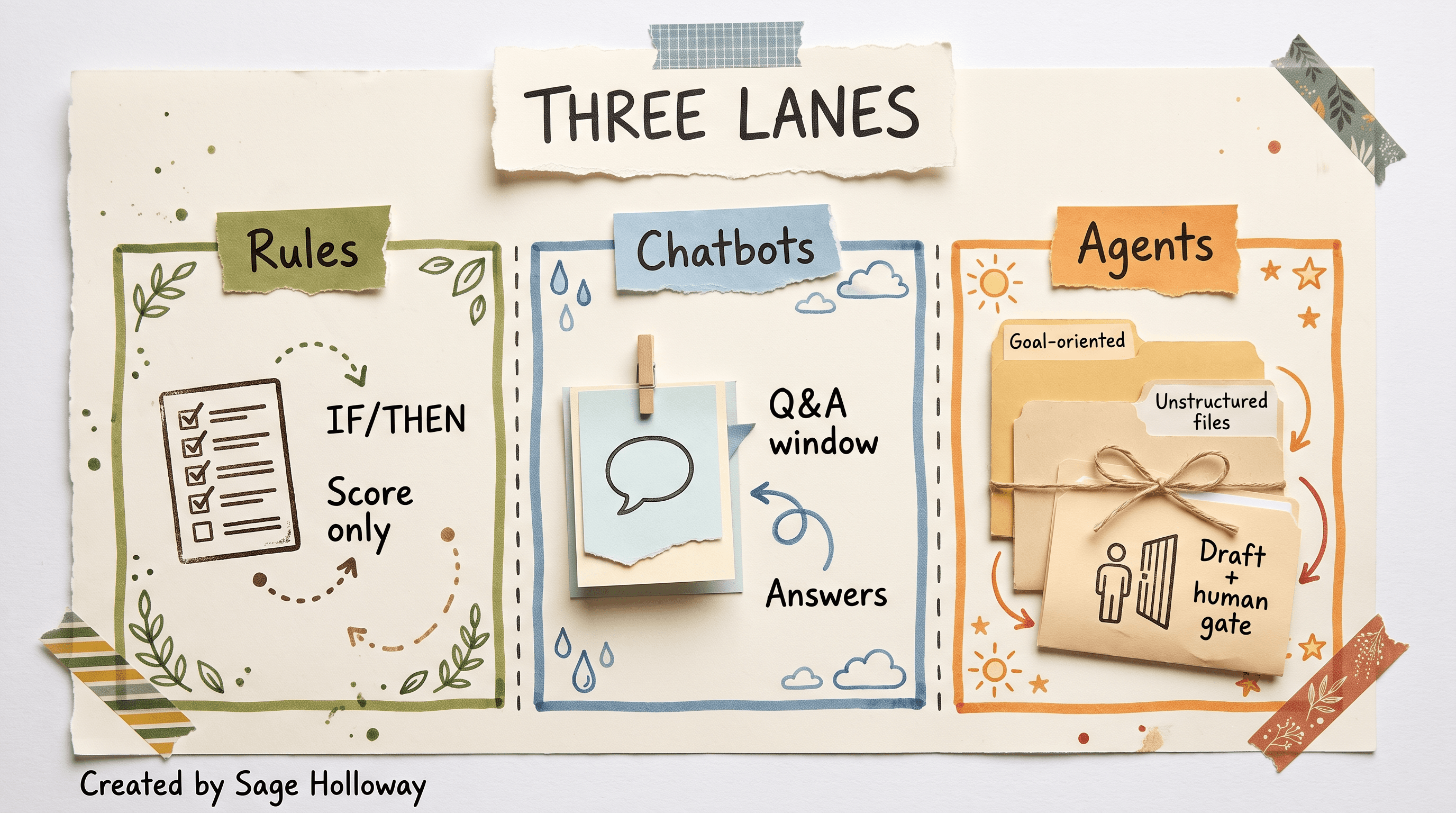 Scrapbook diagram comparing rule engines, chatbots, and AI compliance agents