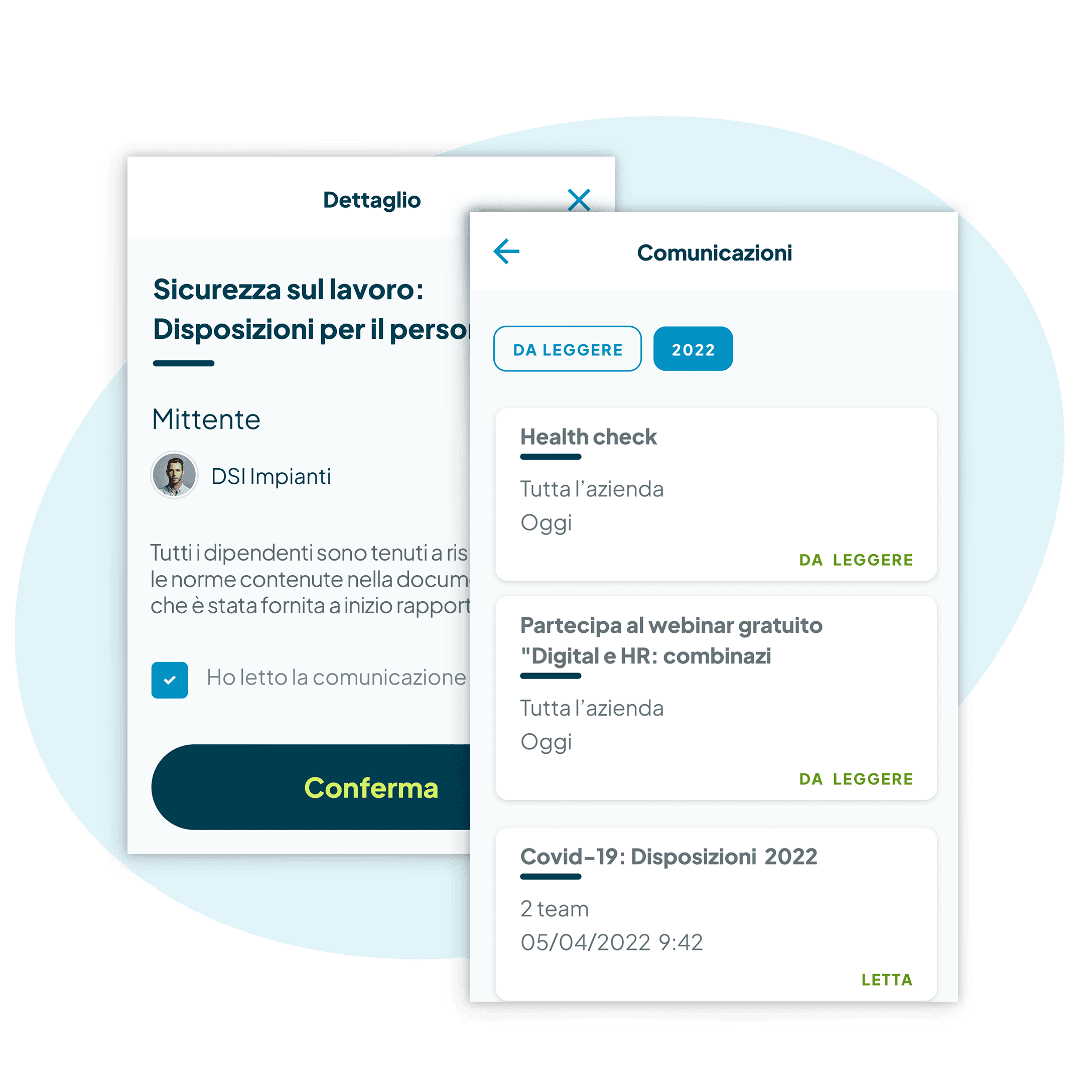 Schermate della funzionalità Comunicazioni importanti con riepilogo delle comunicazioni inviate e dettaglio di una comunicazione inviata con conferma di lettura