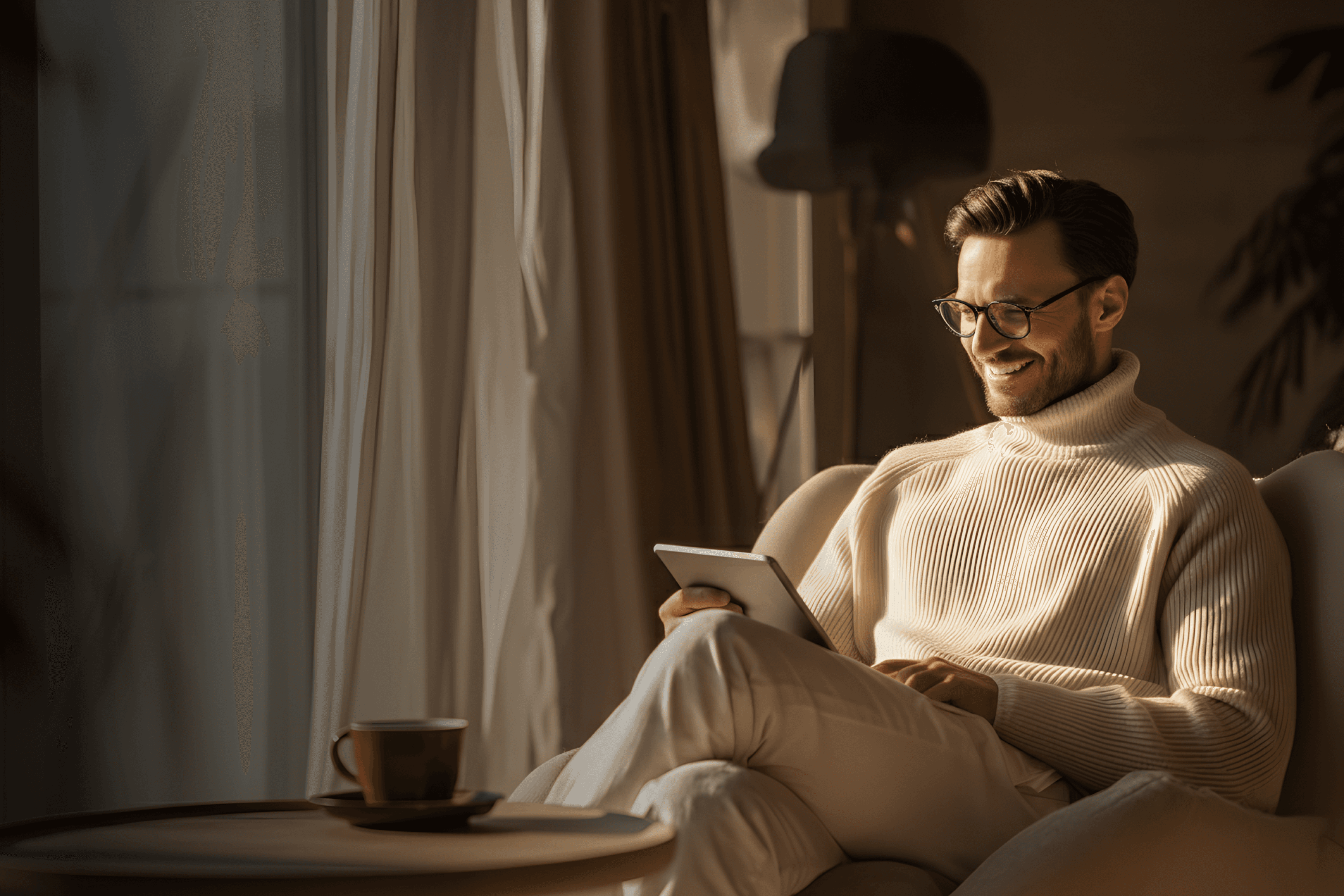 Happy man in glasses smiles while looking at a tablet, relaxing on a couch.