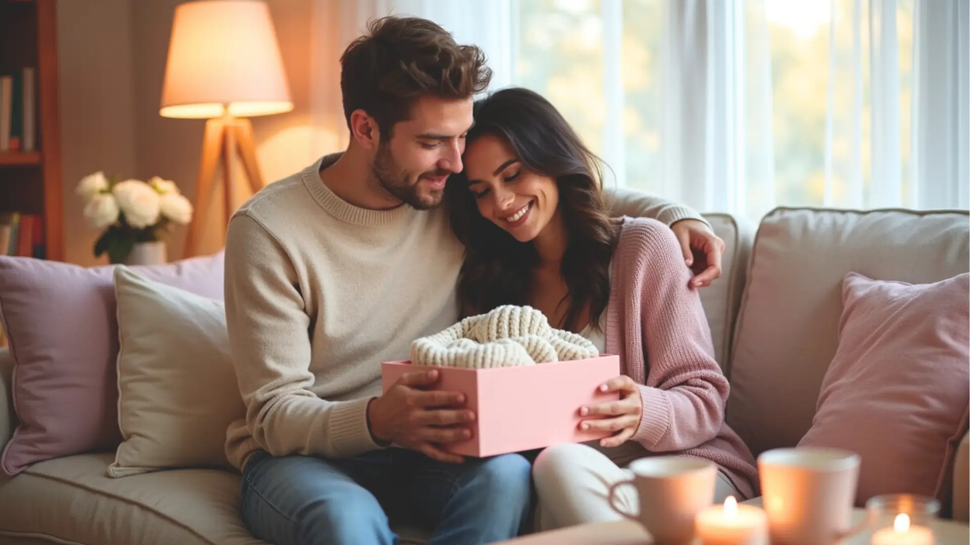 A happy couple sitting on a cozy sofa, smiling while opening a pink gift box together, symbolizing affordable yet romantic gift ideas for partners.