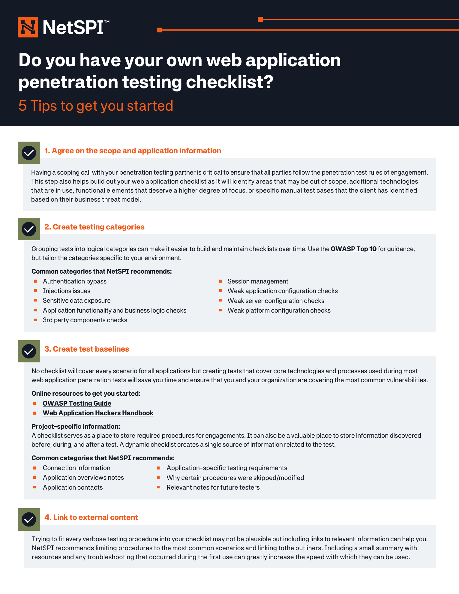 NetSPI official web application pentesting checklist showing scoping and testing categories