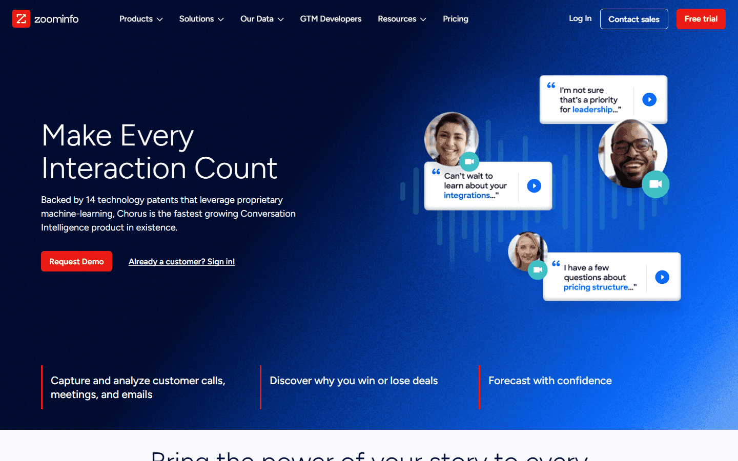 The Chorus page on ZoomInfo, headlined "Make Every Interaction Count," with quoted buyer lines from recorded calls.