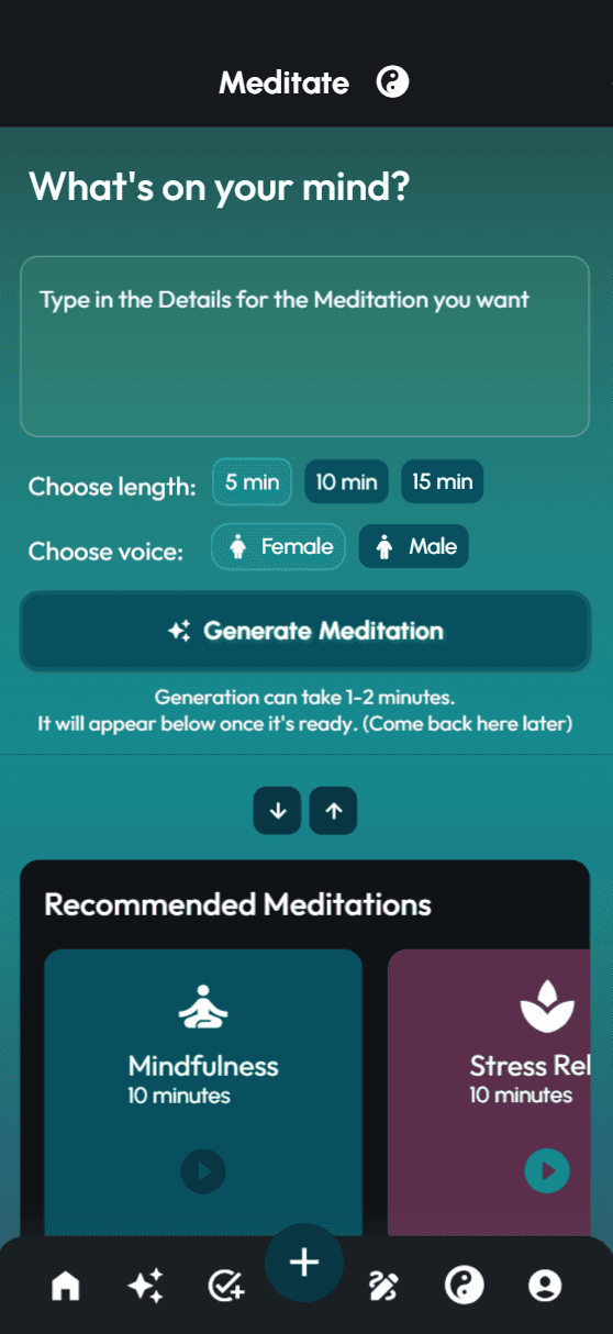 Eiren AI meditation generator allowing users to customize meditations based on time, gendered voice options, and mindfulness needs.