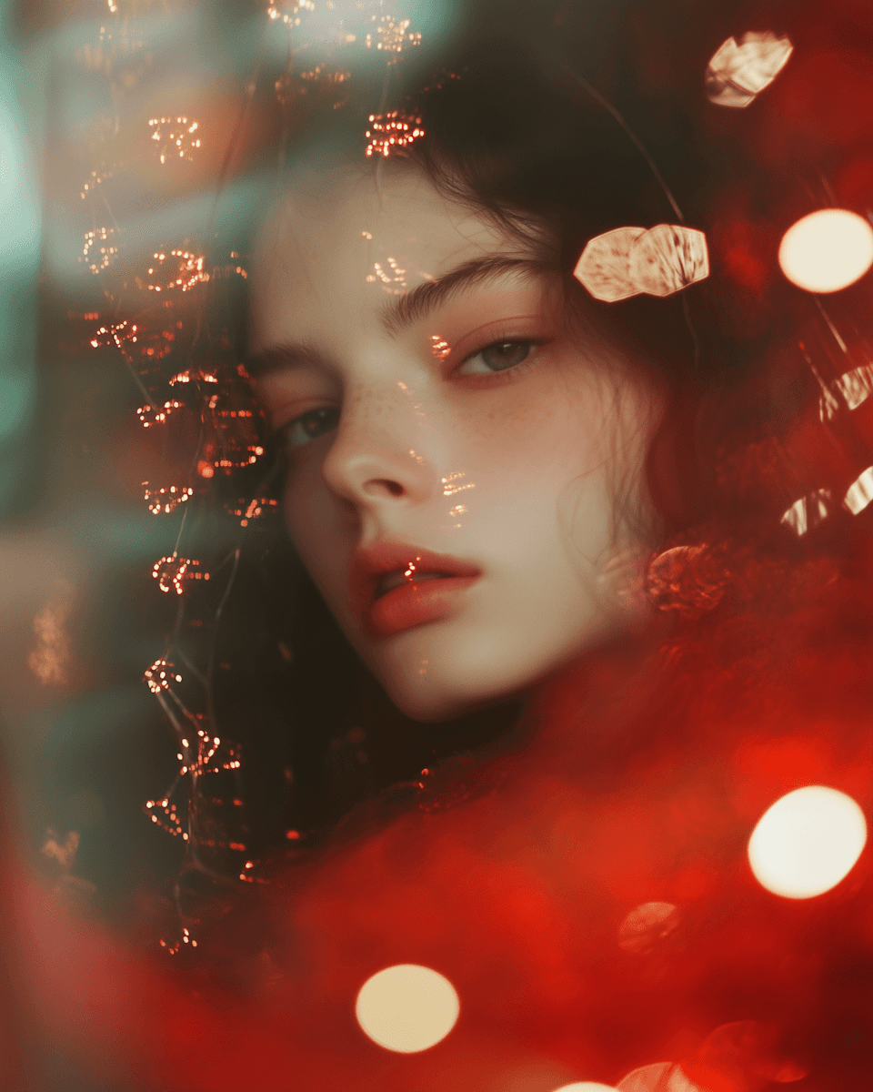 A portrait of a woman framed by glowing orange fairy lights and bokeh.