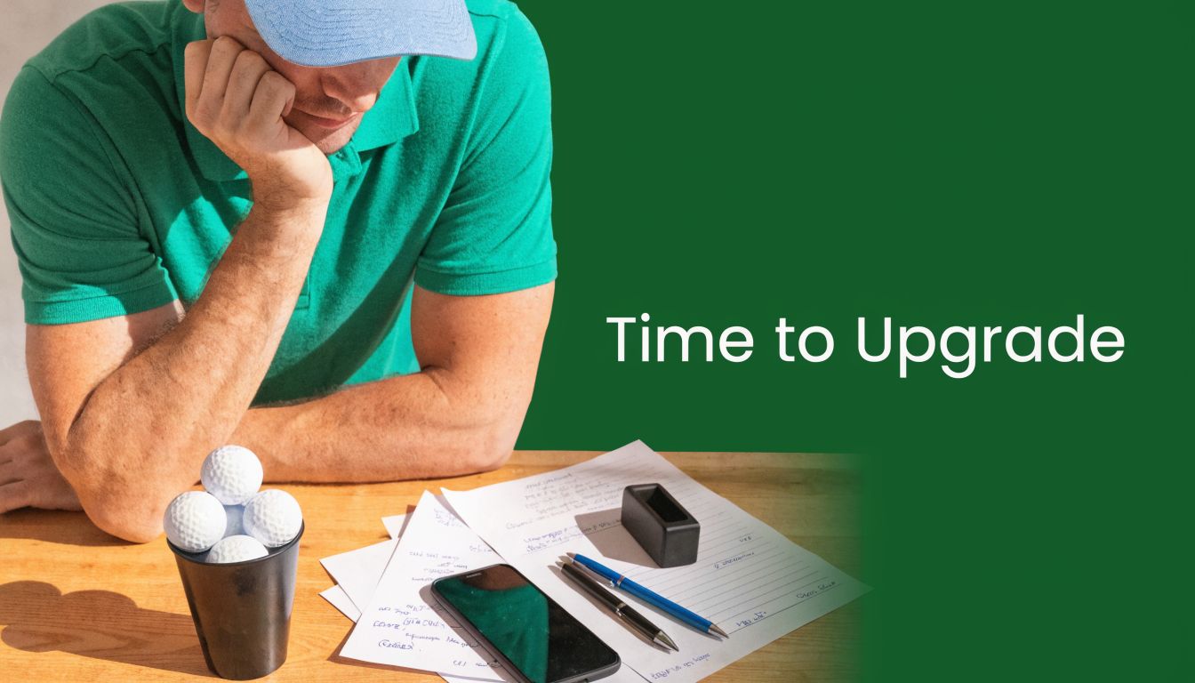 A frustrated golfer sitting at a desk with a cup of golf balls, papers, and a smartphone.