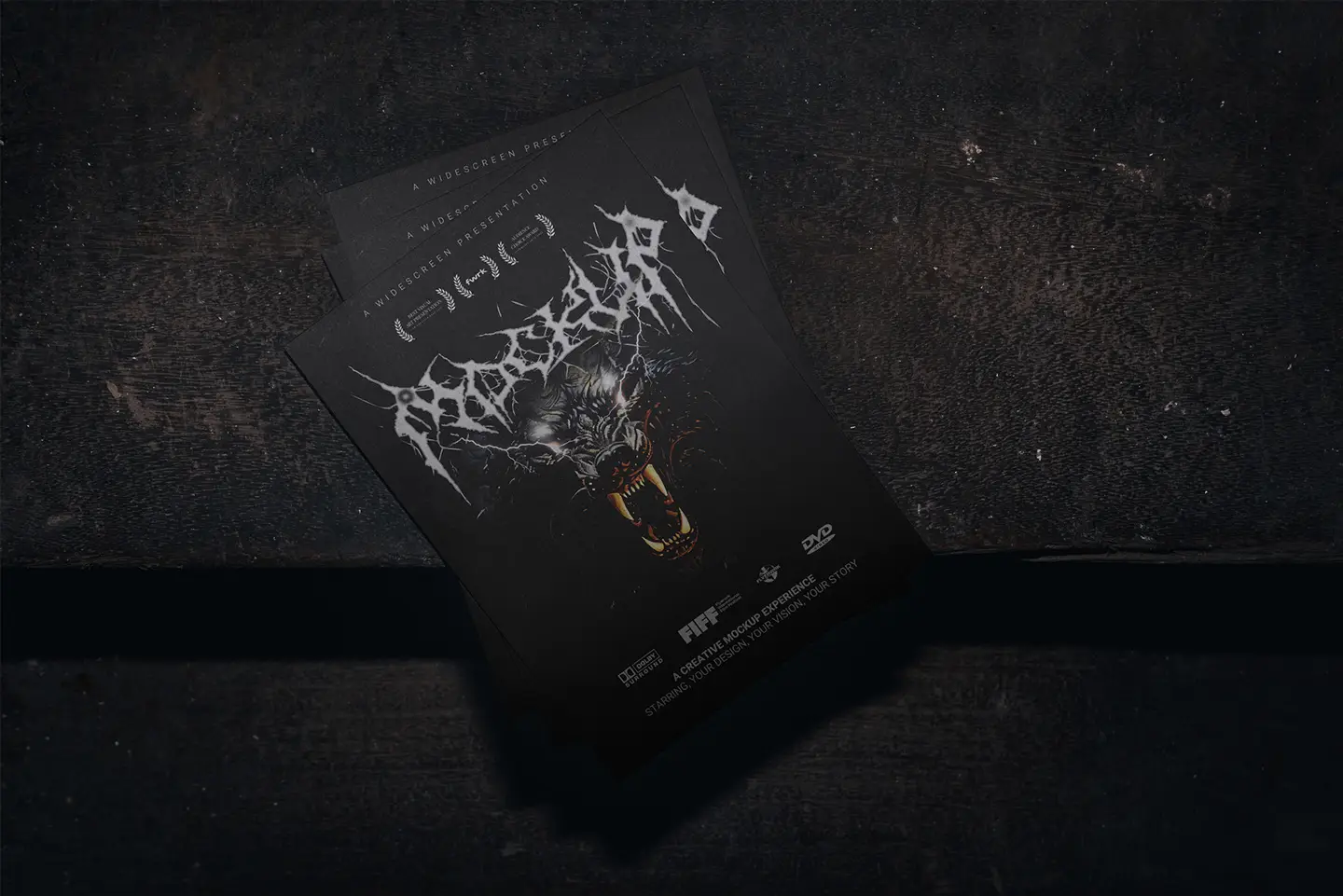 A5 flyer mockup displaying a dark metal wolf illustration for a creative club promotion