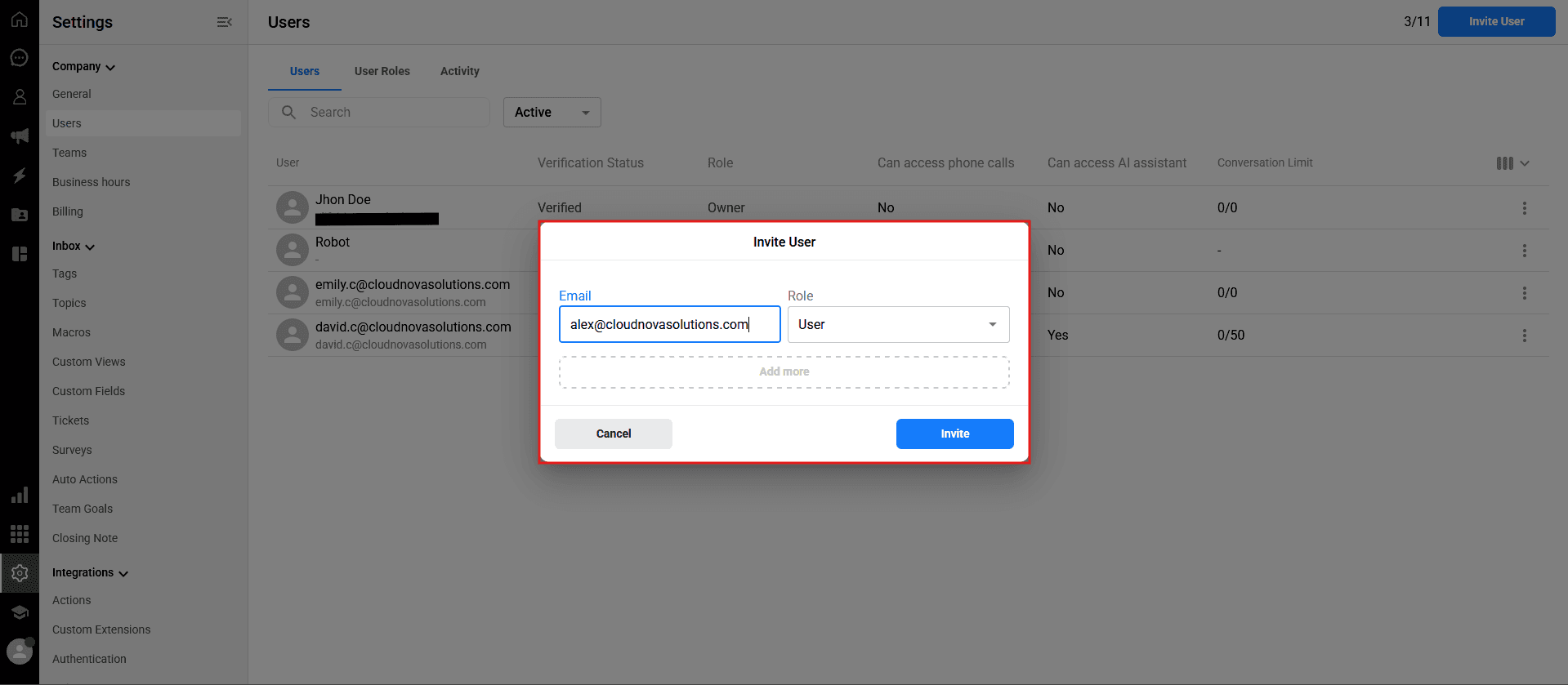Add Email: Enter the company email address of the person you want to invite. Role Selection: Choose the appropriate role (e.g., Admin, User, Limited User) for this person from the dropdown menu.