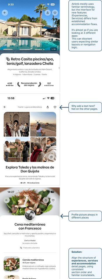 Side-by-side comparison of three Airbnb app detail screens for property, experience, and culinary service, each using different layouts and profile picture placements. Annotation bubbles highlight inconsistencies and suggest aligning detail page structures for better user experience.