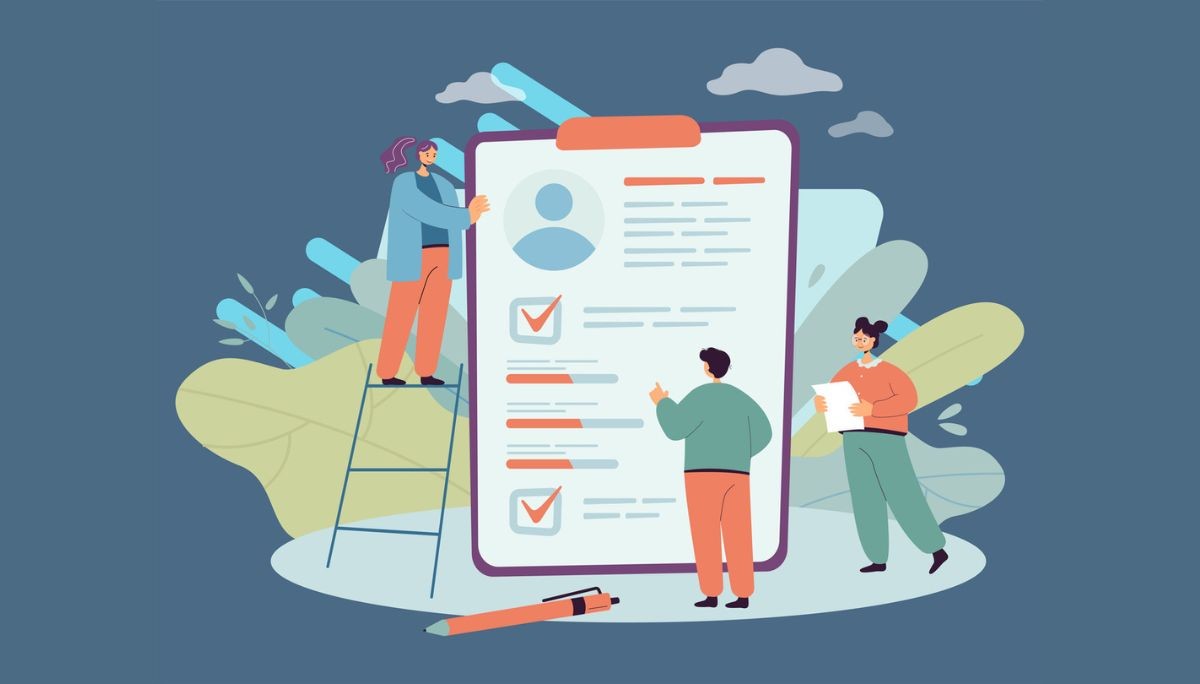 Illustration of three individuals reviewing and discussing a large document with profile details and checkmarks.