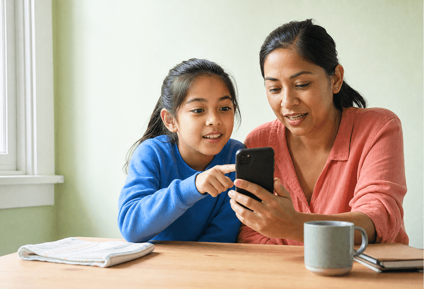 Mother and daughter looking at a phone together