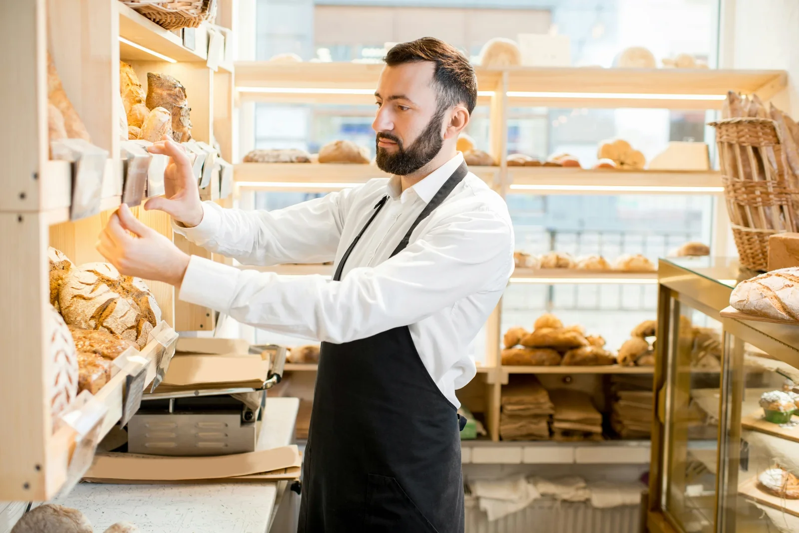 Bakery owner in white shirt and apron arranging fresh bread loaves on wooden shelves in modern shop.