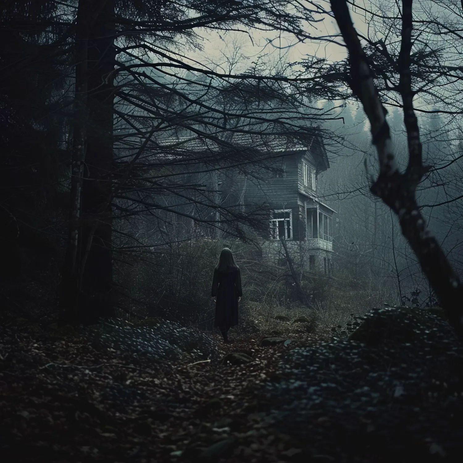 Creepy woman in front of haunted house in the woods