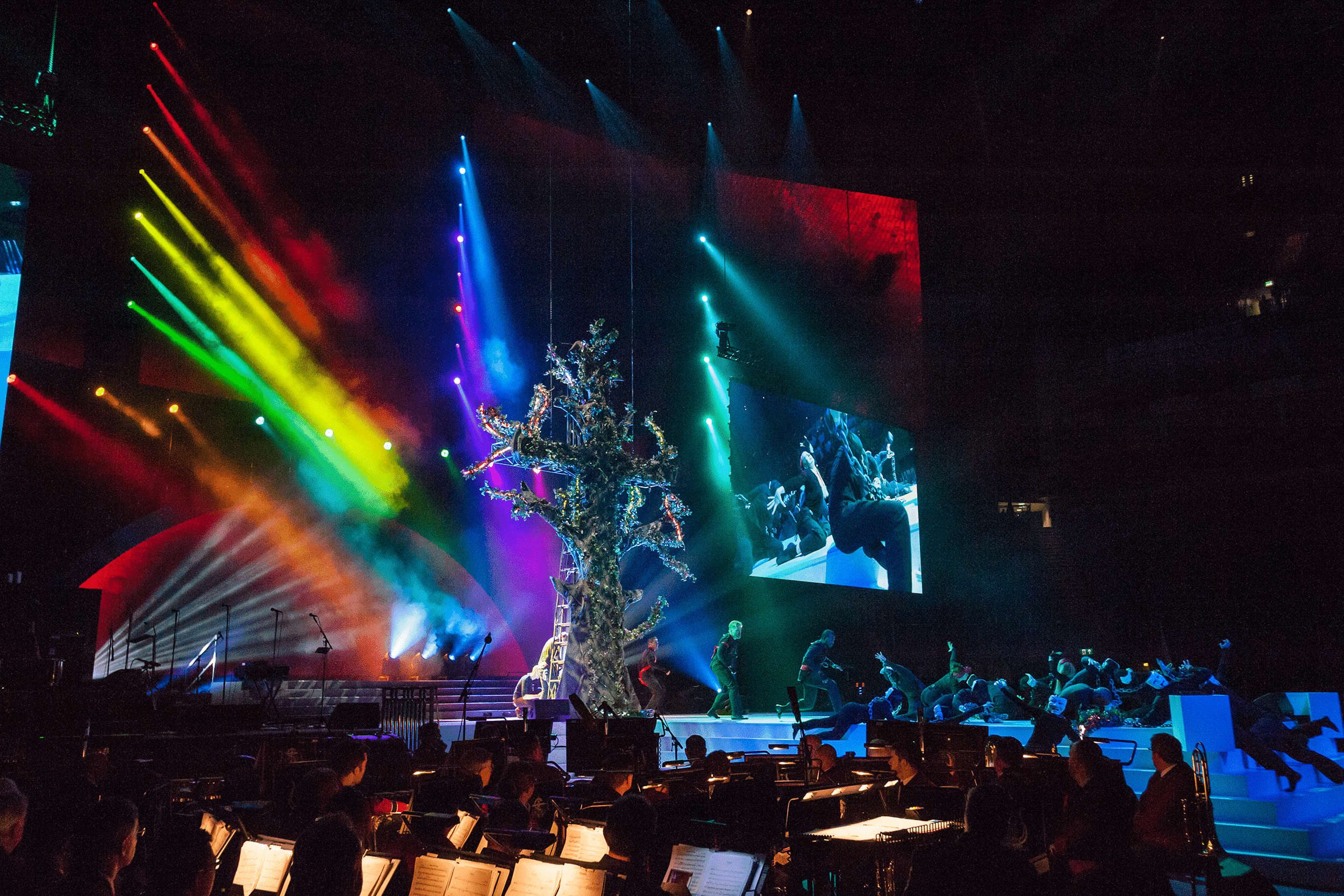Salvation Army 150th Anniversary staging with mood lighting and a cross on stage