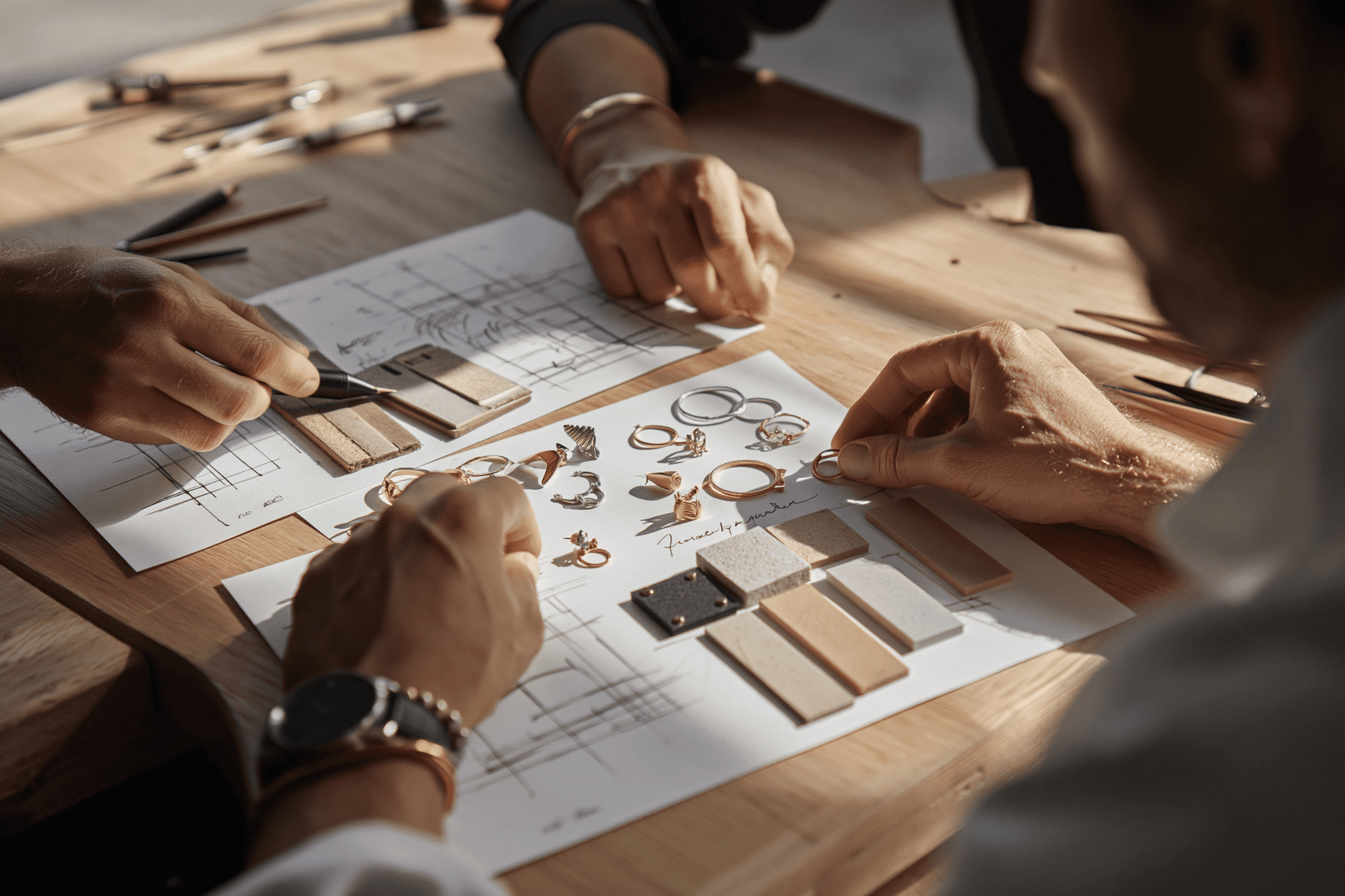 Three people's hands gathered over a wooden table examining jewelry pieces, ring samples, and material swatches alongside architectural sketches and design drawings, with pencils and tools scattered nearby in warm natural light.