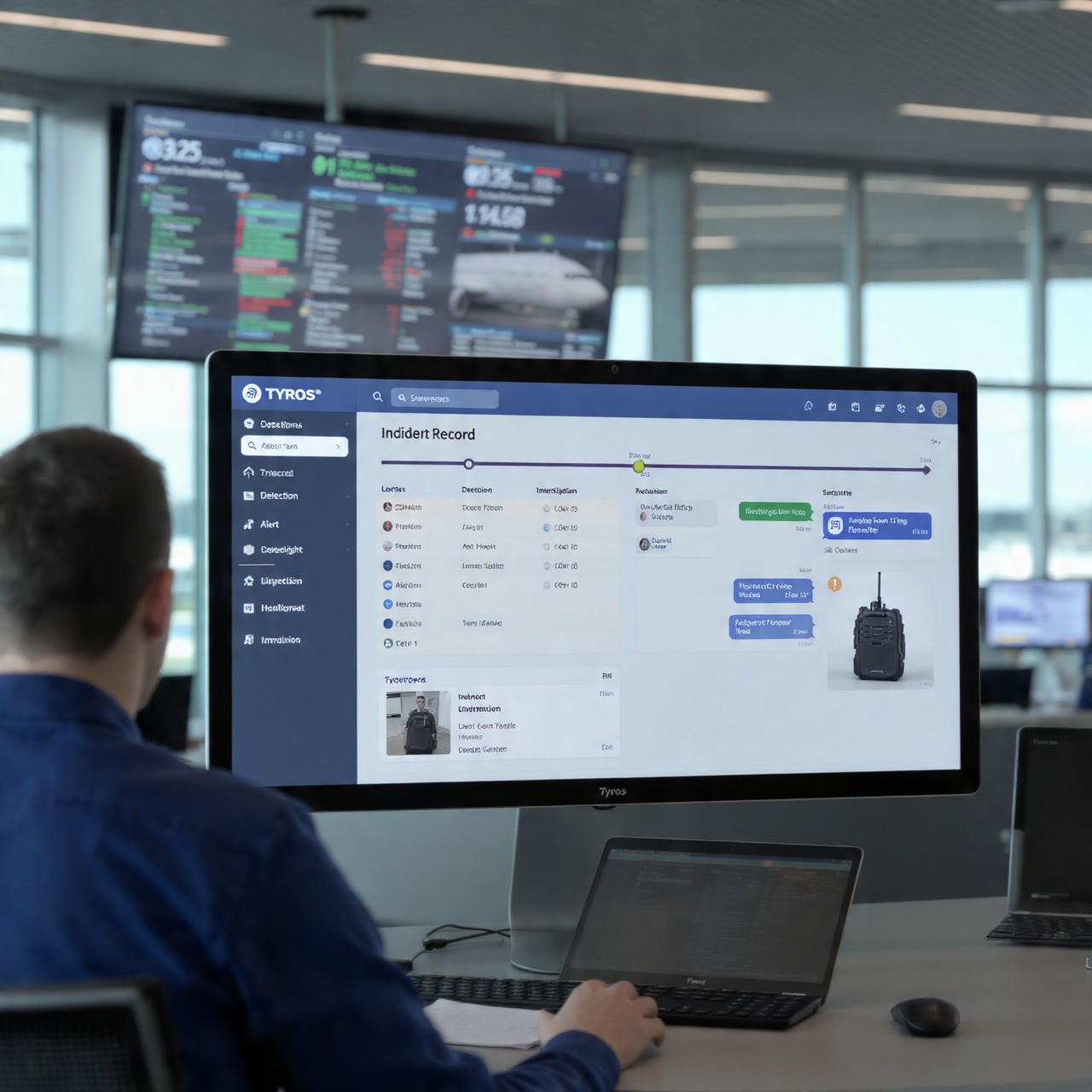 Airport staff using Tyros® mobile app for operations, incident reporting, SOS alerts, and real-time tracking