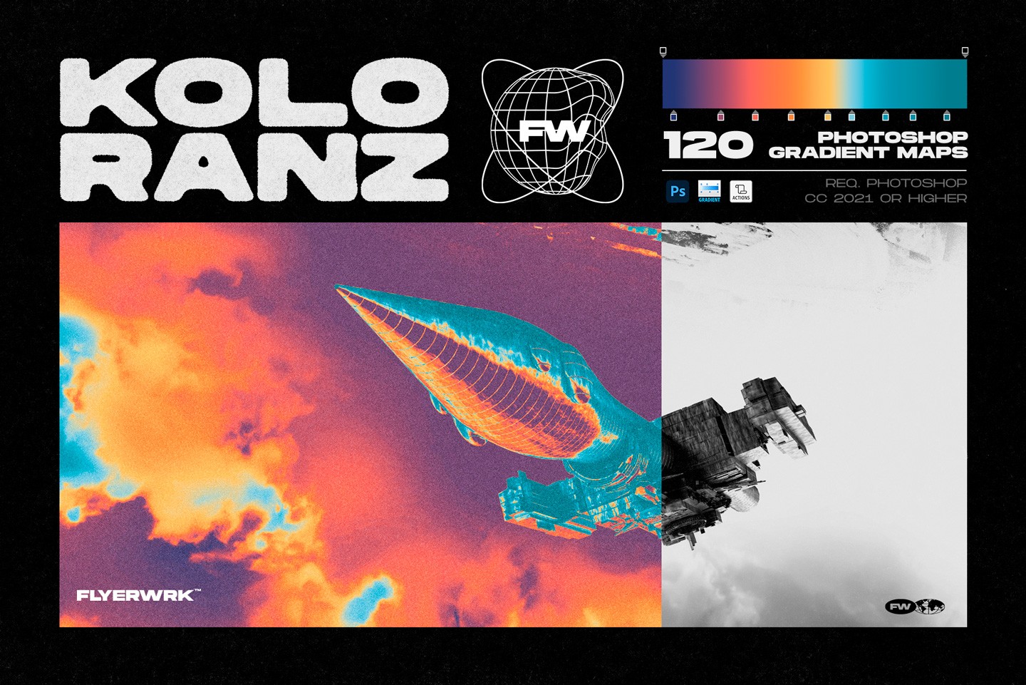 Photoshop gradient map effect showing a vibrant color split on a space themed graphic background