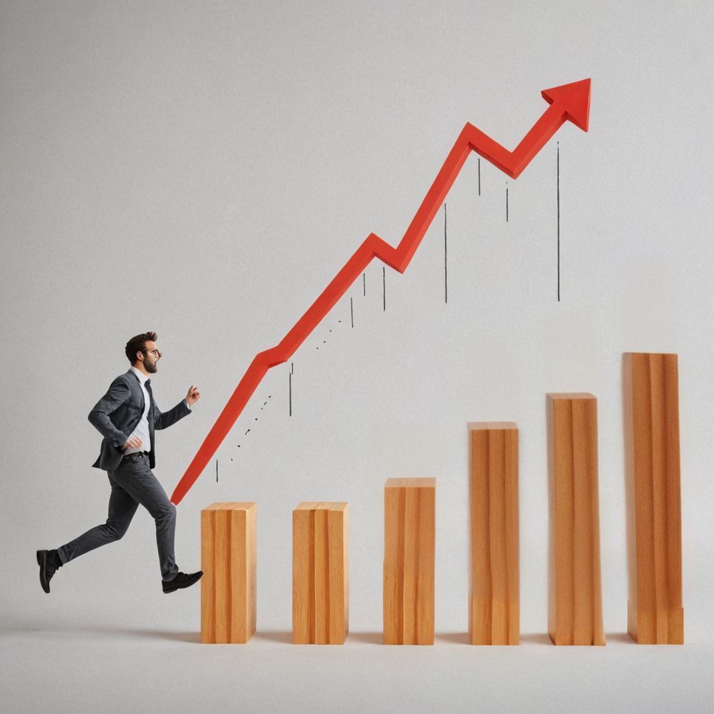 man running on bar chart which shows exponential growth