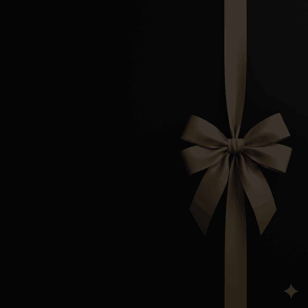 Gold satin ribbon and bow on a plain black background.