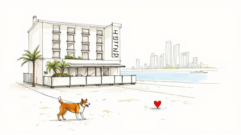 A dog sitting on a colorful tiled patio in Mexico