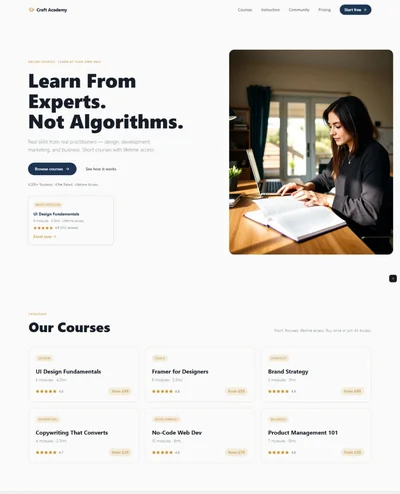 Online course website prompt — warm white and deep navy e-learning online course platform website design preview