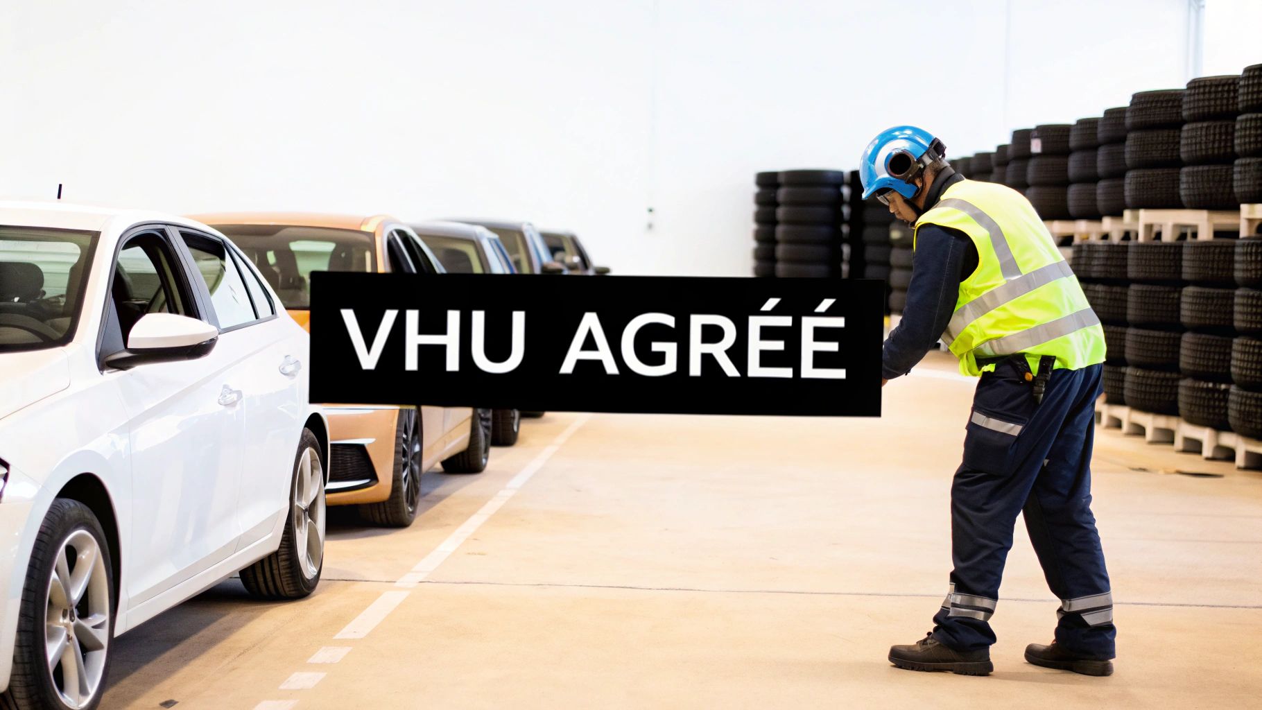 Un ouvrier portant un gilet de sécurité et un casque tient une pancarte « VHU AGRÉE » dans un entrepôt de véhicules et pneus.