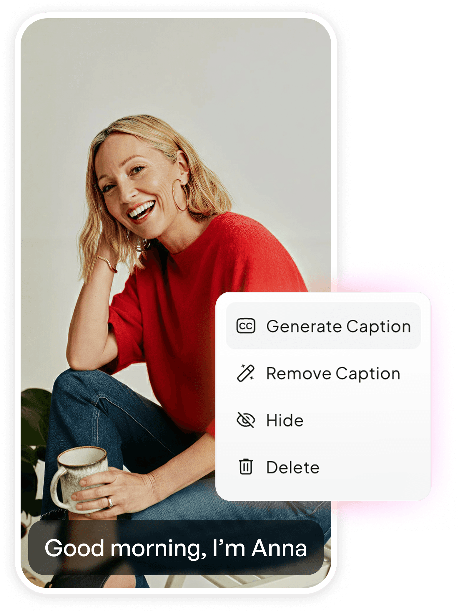 A smiling woman in a red sweater holds a coffee mug, featuring a caption menu with "Generate Caption" and "Delete."
