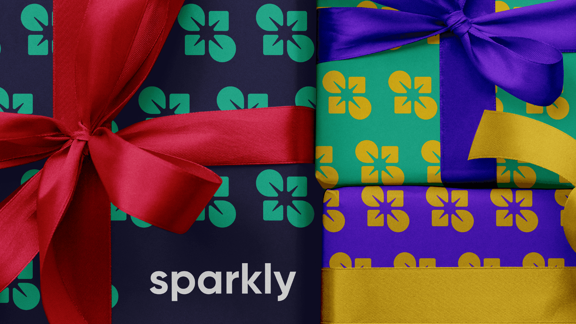 Gifts wrapped in Sparkly pattern paper in navy, teal, and purple, with red, purple, and gold ribbons
