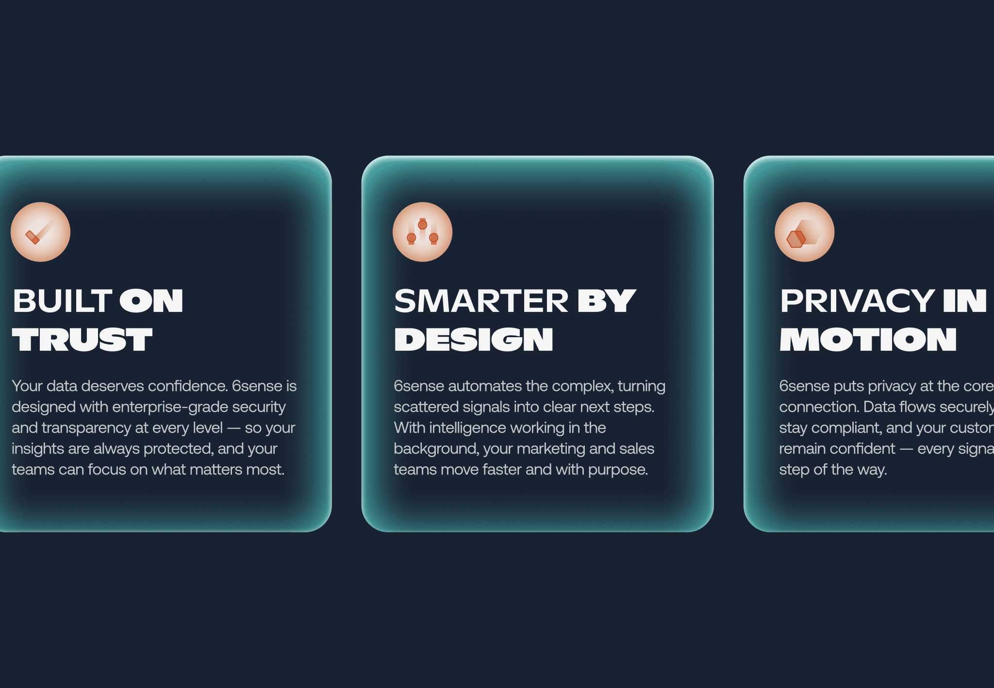 Value props translated into a repeatable card system with the signature glow.