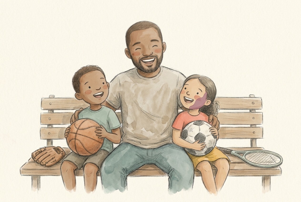 Storybook illustration of a dad and his son and daughter laughing on a park bench after a game, holding a basketball and a soccer ball. The daughter has a birthmark on her cheek.