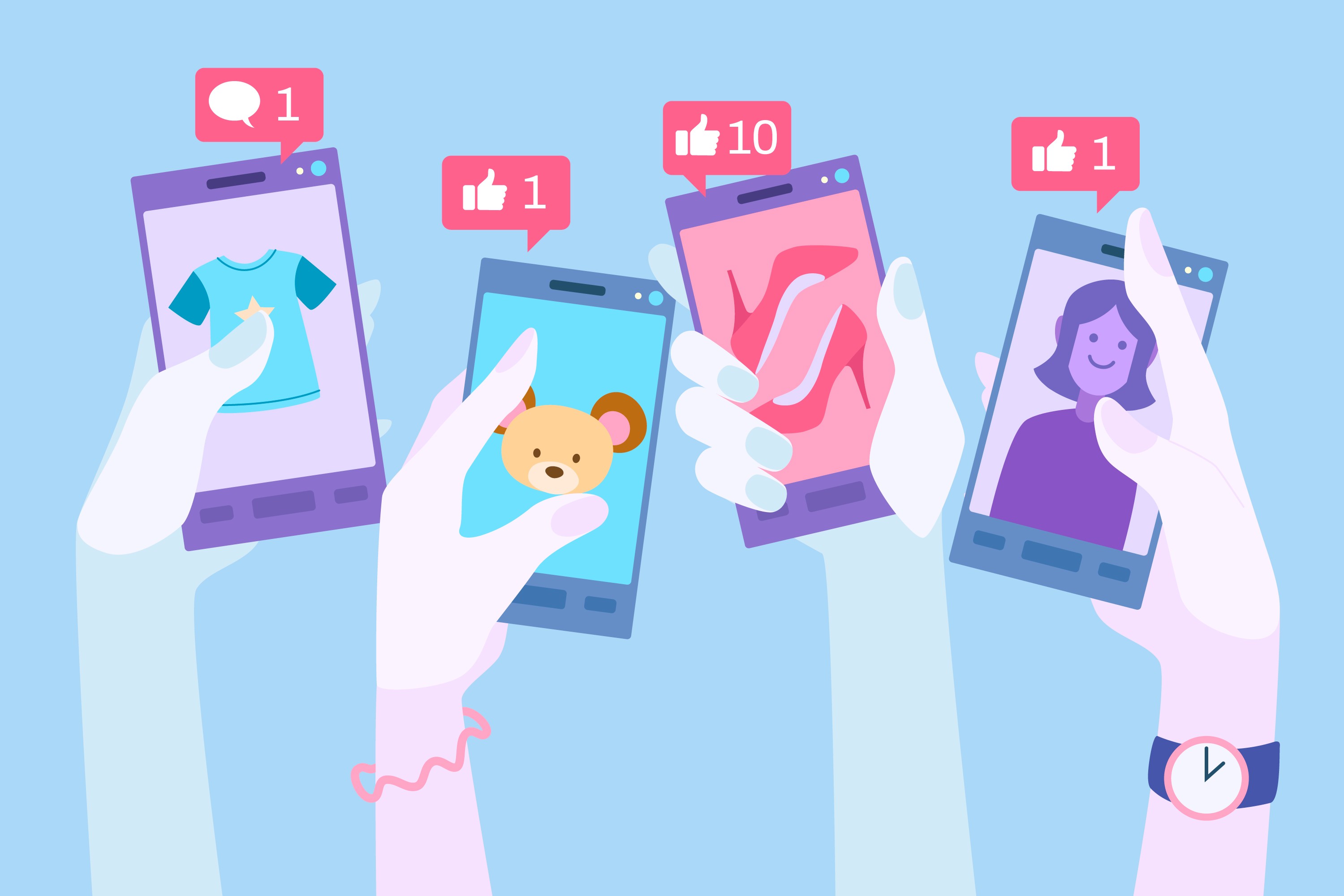 Illustration of hands holding smartphones with social media likes and product content feeds