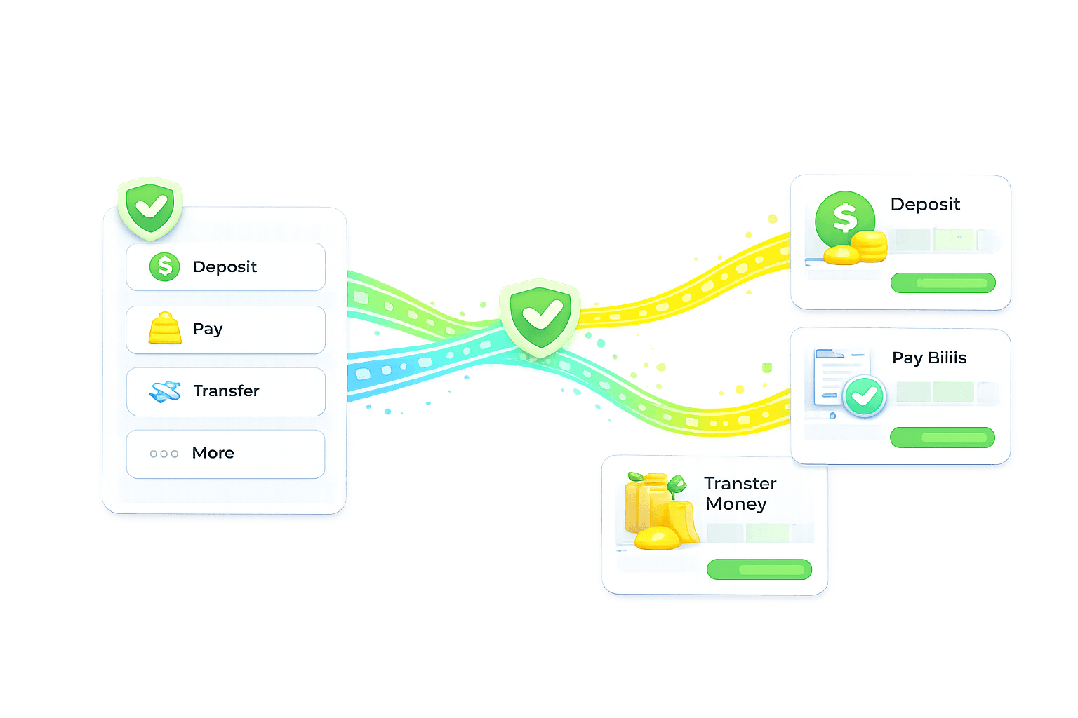 Ilustrasi digital bergaya 3D yang menampilkan alur transaksi keuangan aman, di mana sebuah menu daftar di sisi kiri berisi opsi "Deposit", "Pay", dan "Transfer" terhubung melalui jalur data bercahaya warna-warni menuju tiga panel kartu di sisi kanan. Jalur tersebut melewati ikon perisai hijau dengan tanda centang di bagian tengah yang melambangkan sistem keamanan, sementara panel di sisi kanan merinci aktivitas seperti deposit koin emas, pembayaran tagihan, dan transfer uang, semuanya dalam desain minimalis yang bersih.