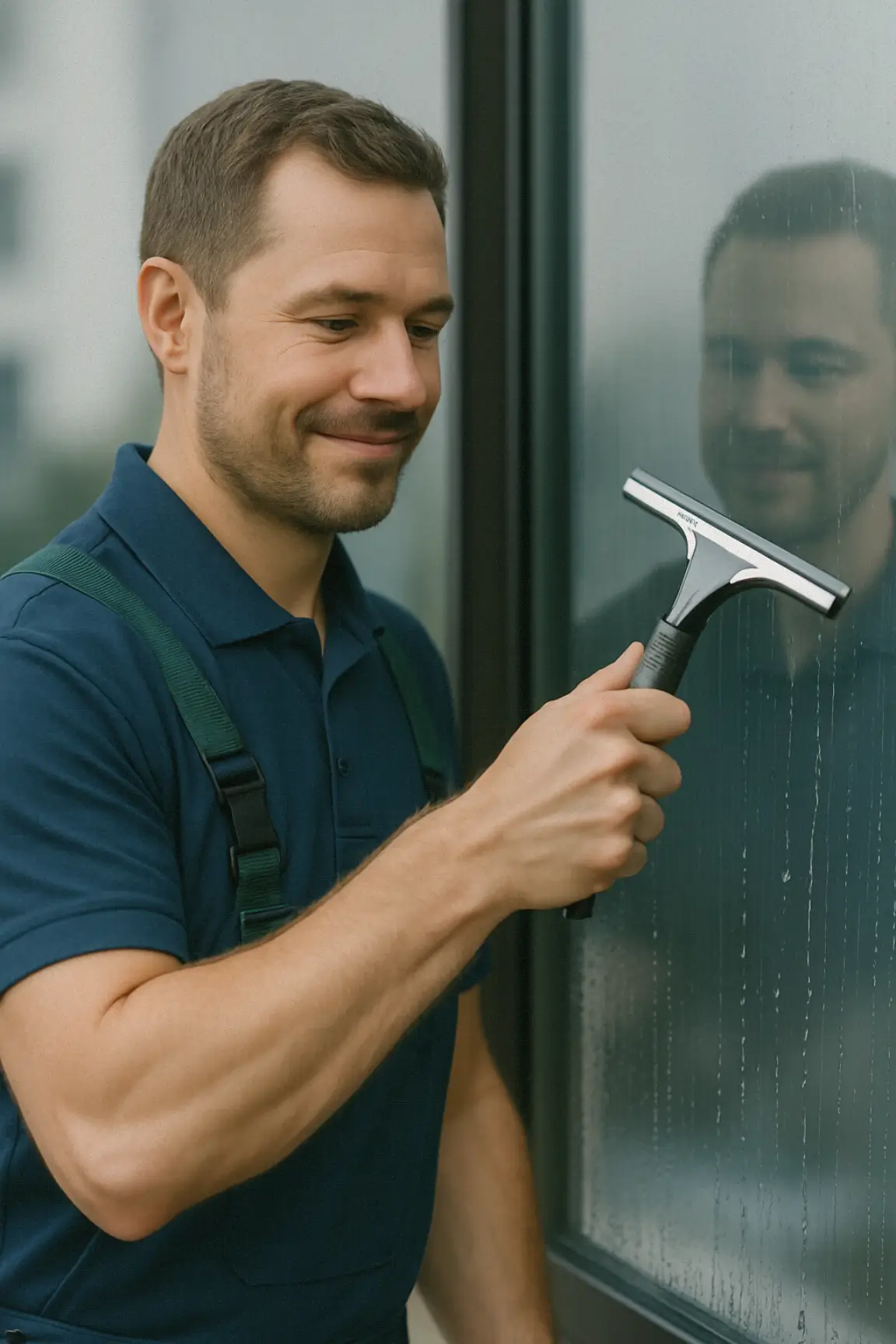 Fix & Clean Mitarbeiter reinigt Fenster mit Abzieher – klare Glasfläche und professionelles Auftreten