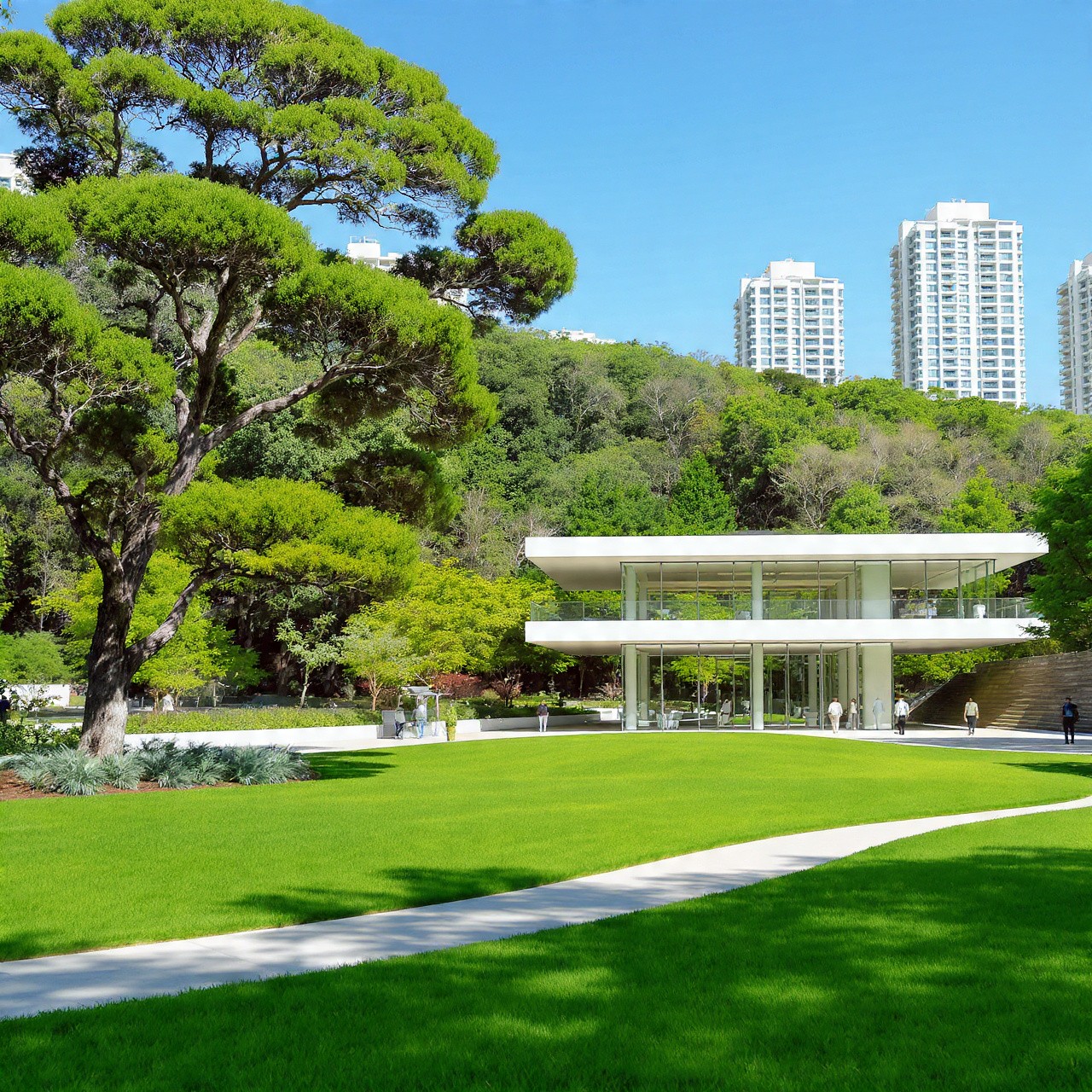 A modern glass building sits amidst lush greenery and manicured lawns, with tall trees and high-rise buildings in the background against a clear blue sky.