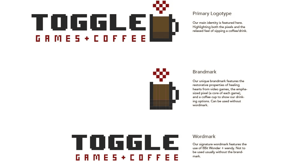 Primary logo, brandmark, and wordmark variations with pixel art detailing.