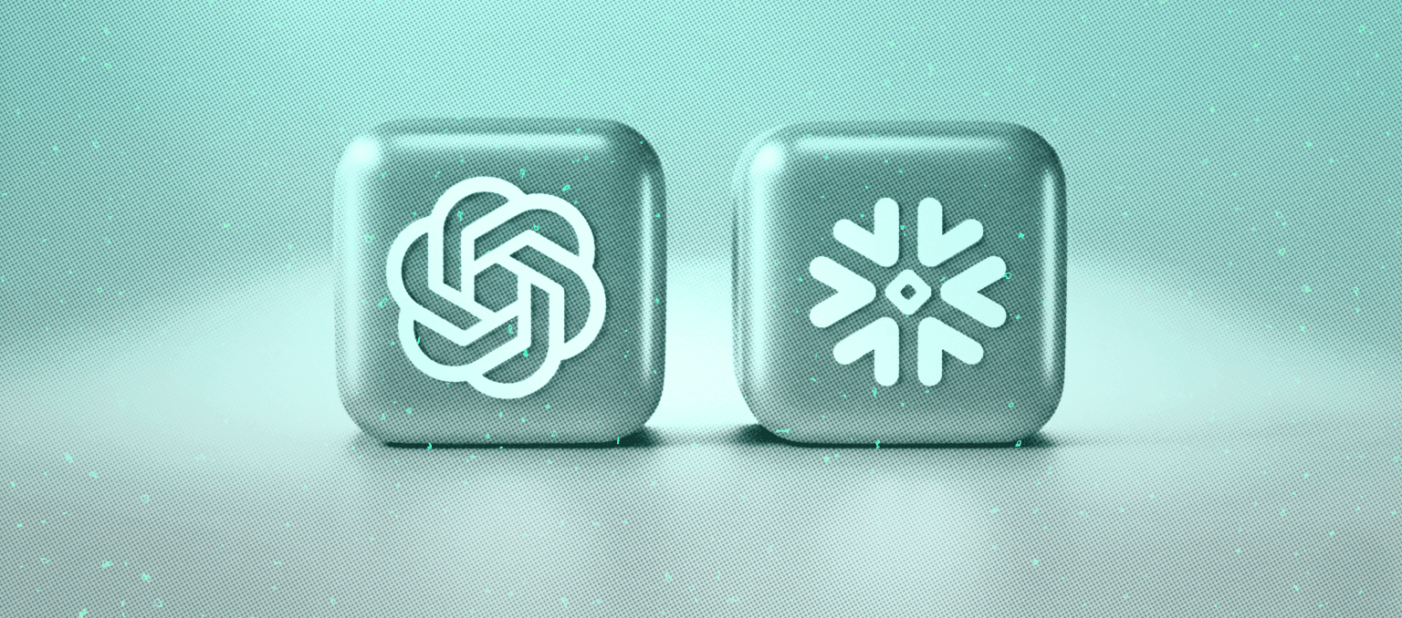 Two 3D cubes displaying the OpenAI and Snowflake logos side by side, representing their partnership and AI integration within the data warehouse ecosystem.