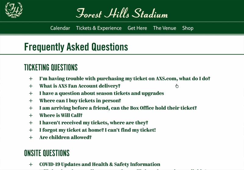 Animated GIF showing original FAQ page with key information buried inside accordions, forcing users to click through multiple sections just to find basic answers.