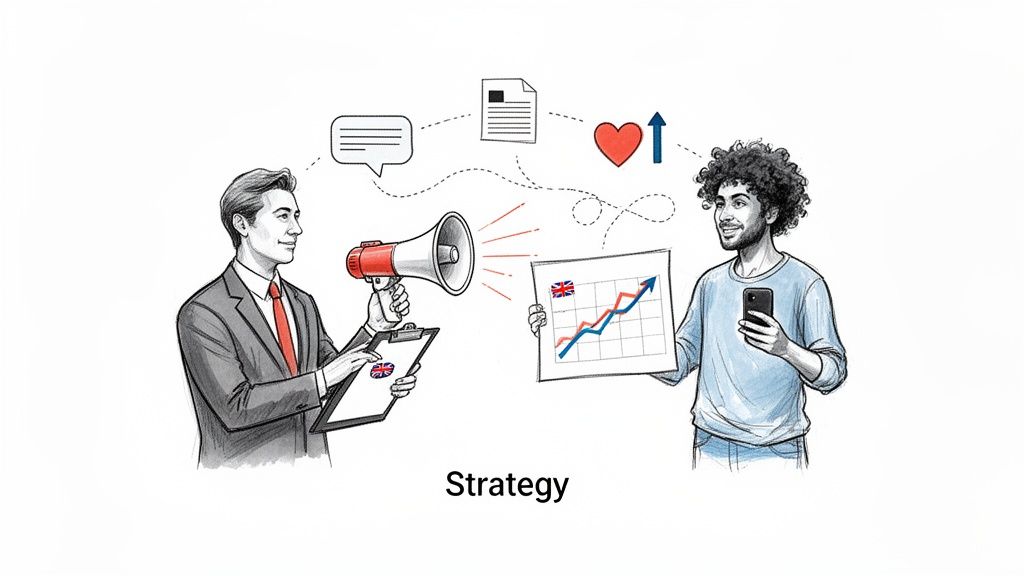 Two men engaging in a marketing strategy, one with a megaphone, the other showing growth charts, both with UK flags.