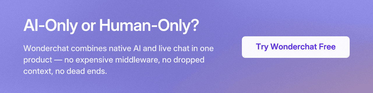AI-Only or Human-Only? Wonderchat combines native AI and live chat in one product — no expensive middleware, no dropped context, no dead ends.